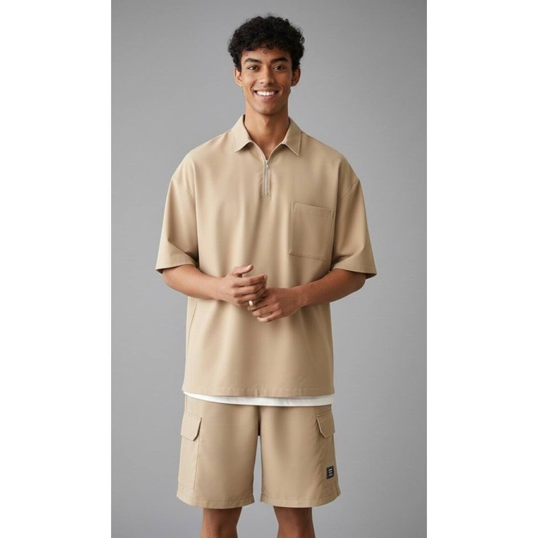 Polo Neck Zip-up Oversized Fit T-shirt