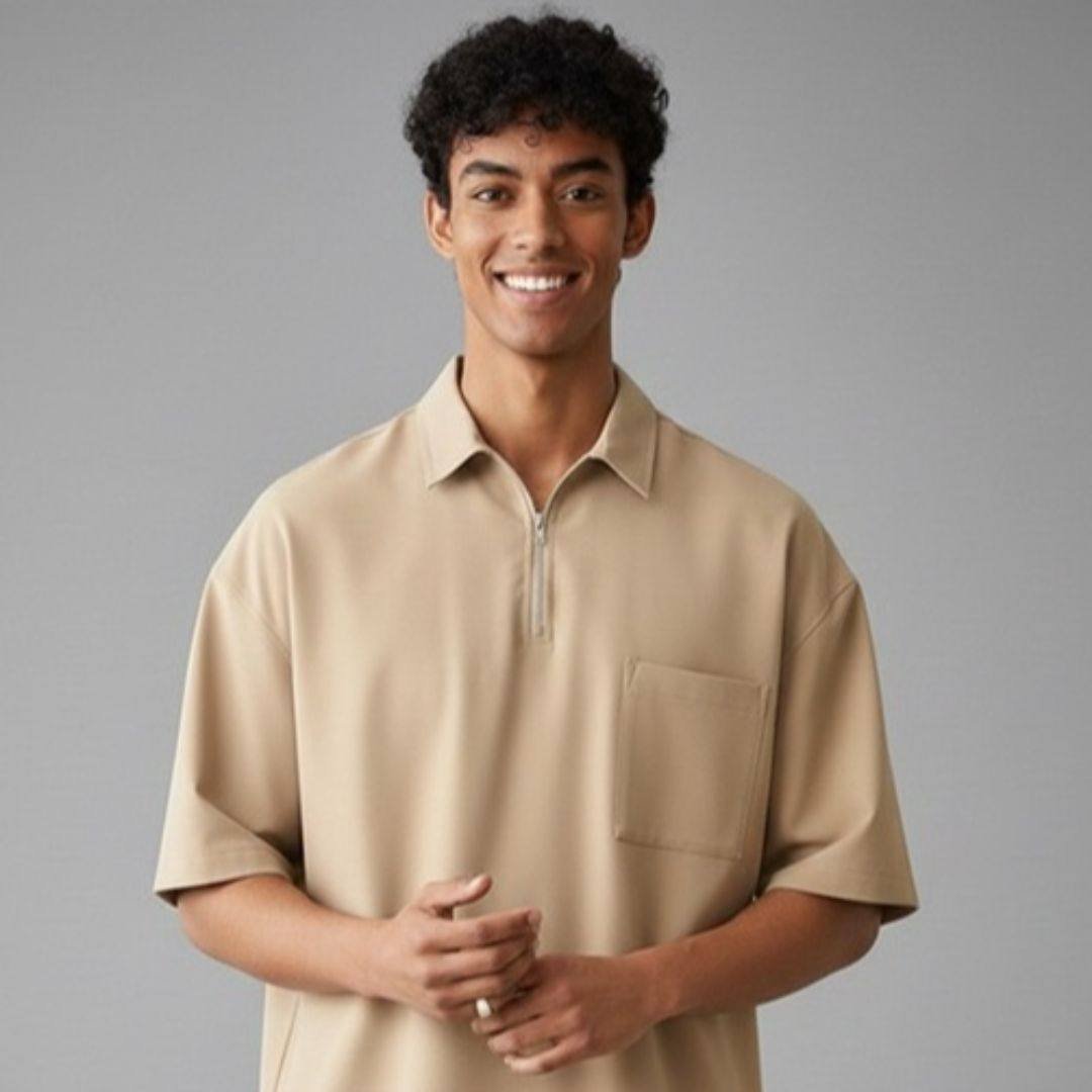 Polo Neck Zip-up Oversized Fit T-shirt